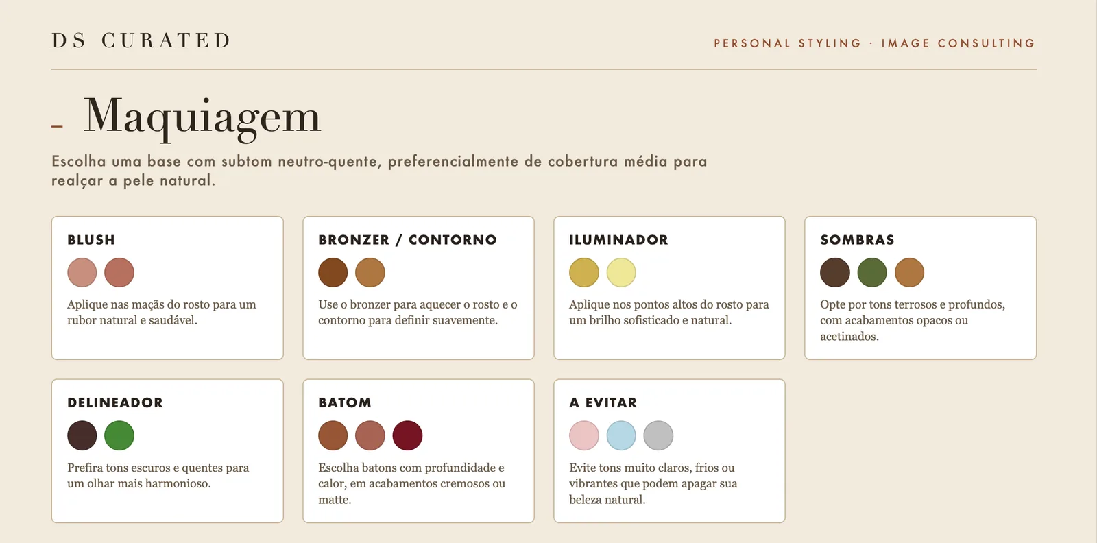 Capítulo de maquiagem do brandbook: paletas recomendadas por produto